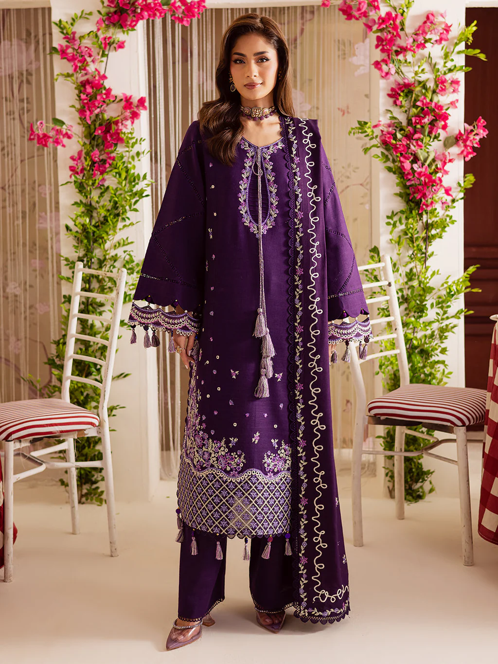 NK-02_10 MAHNUR-3PC DHANAK EMBROIDERED SHIRT WITH DHANAK EMBROIDERED SHAWL & TROUSER-BIC-4328 - Image 1