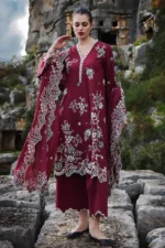 IMAGE-3PC DHANAK EMBROIDERED SHIRT WITH CHIFFON EMBROIDERED DUPATTA AND EMB TROUSER-BIC-4113