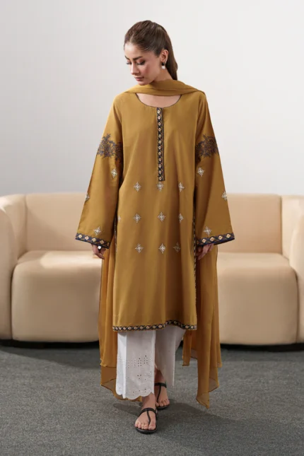 IZEL-3PC DHANAK EMBROIDERED SHIRT WITH DHANAK SHAWL AND EMB TROUSER-BIC-4335